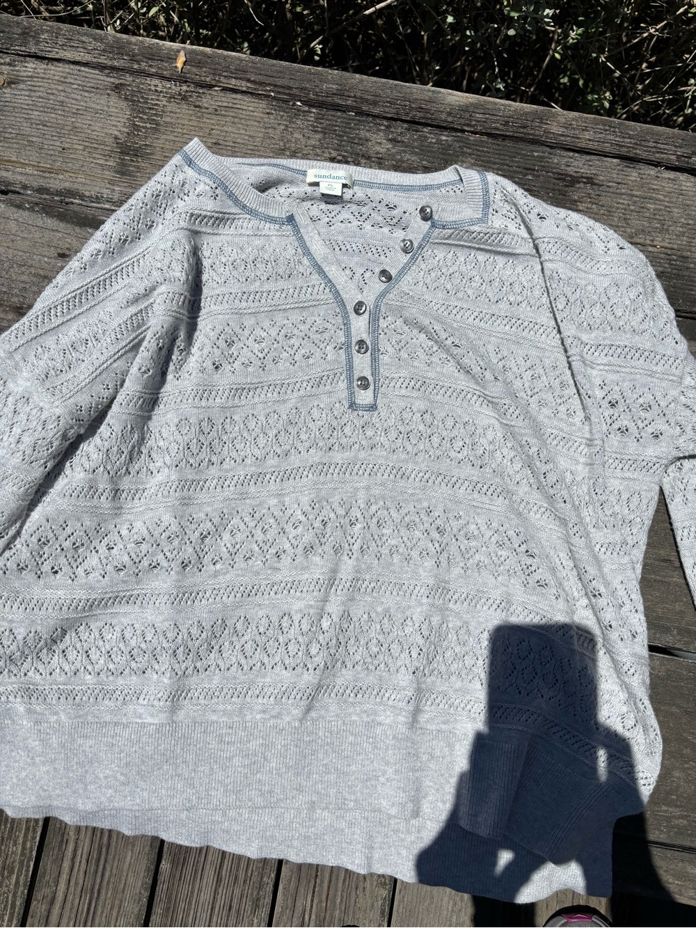Sundance Light Gray Openwork Henley Crewneck Sweater